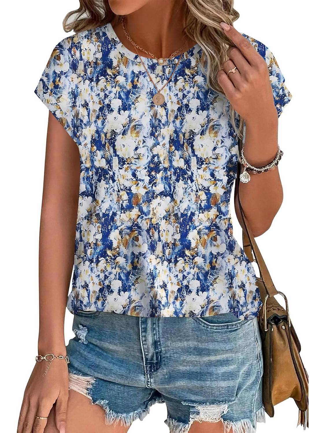Women's Casual Top with Leaf Print and Crew Neck
