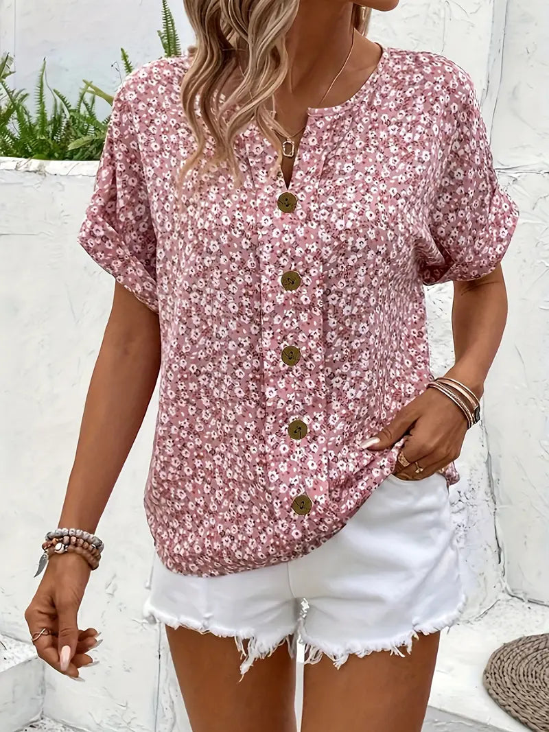 Women's Floral Print Blouse with Short Sleeves and Lightweight Fabric