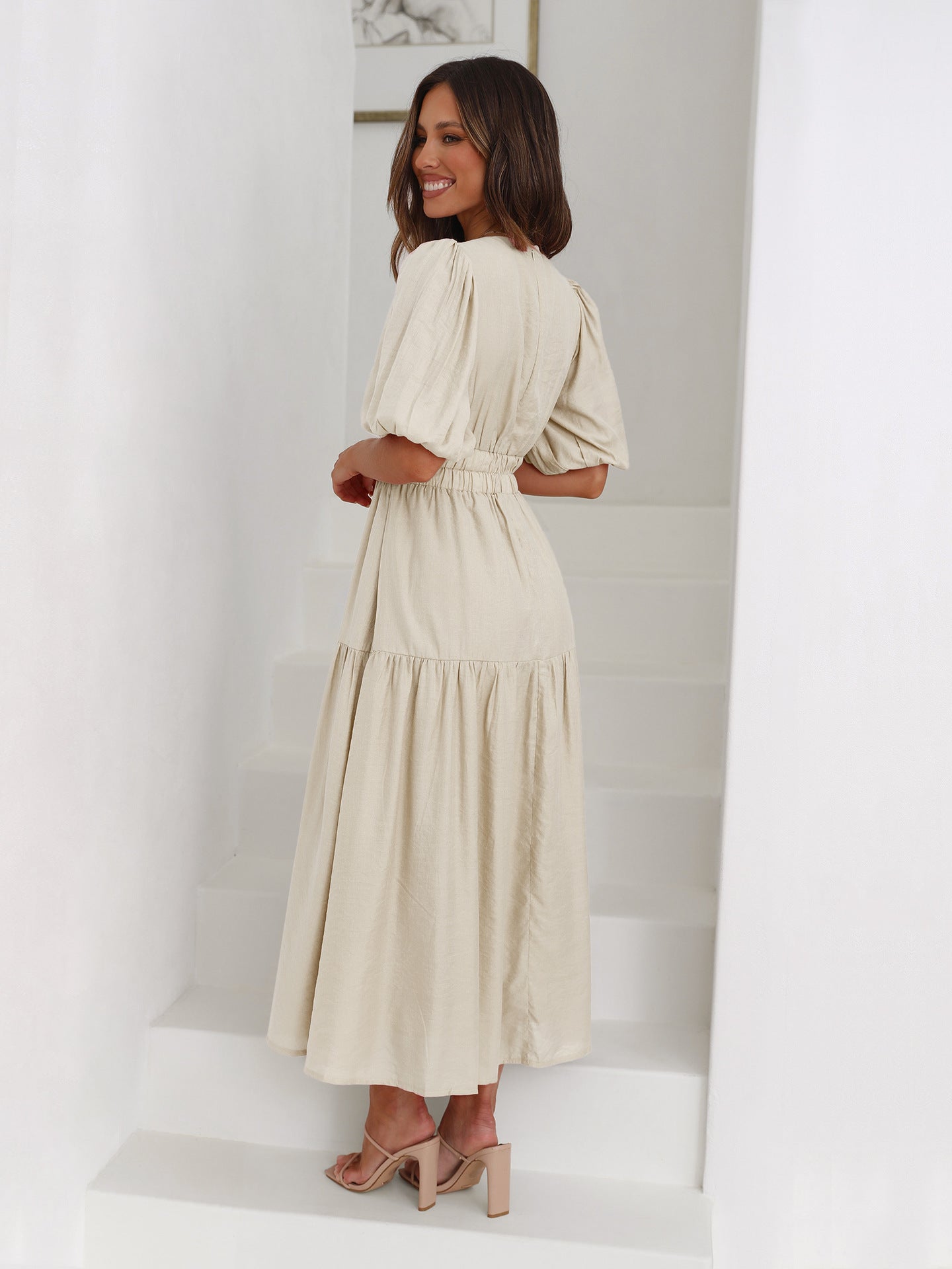 Women's V-Neck Midi Dress with Puff Sleeves and Smocked Waist