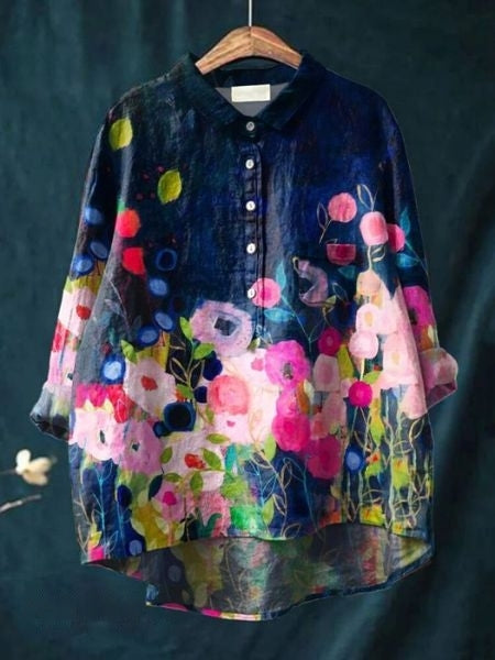 Women's Floral Blouse with Short Sleeves and Lightweight Fabric