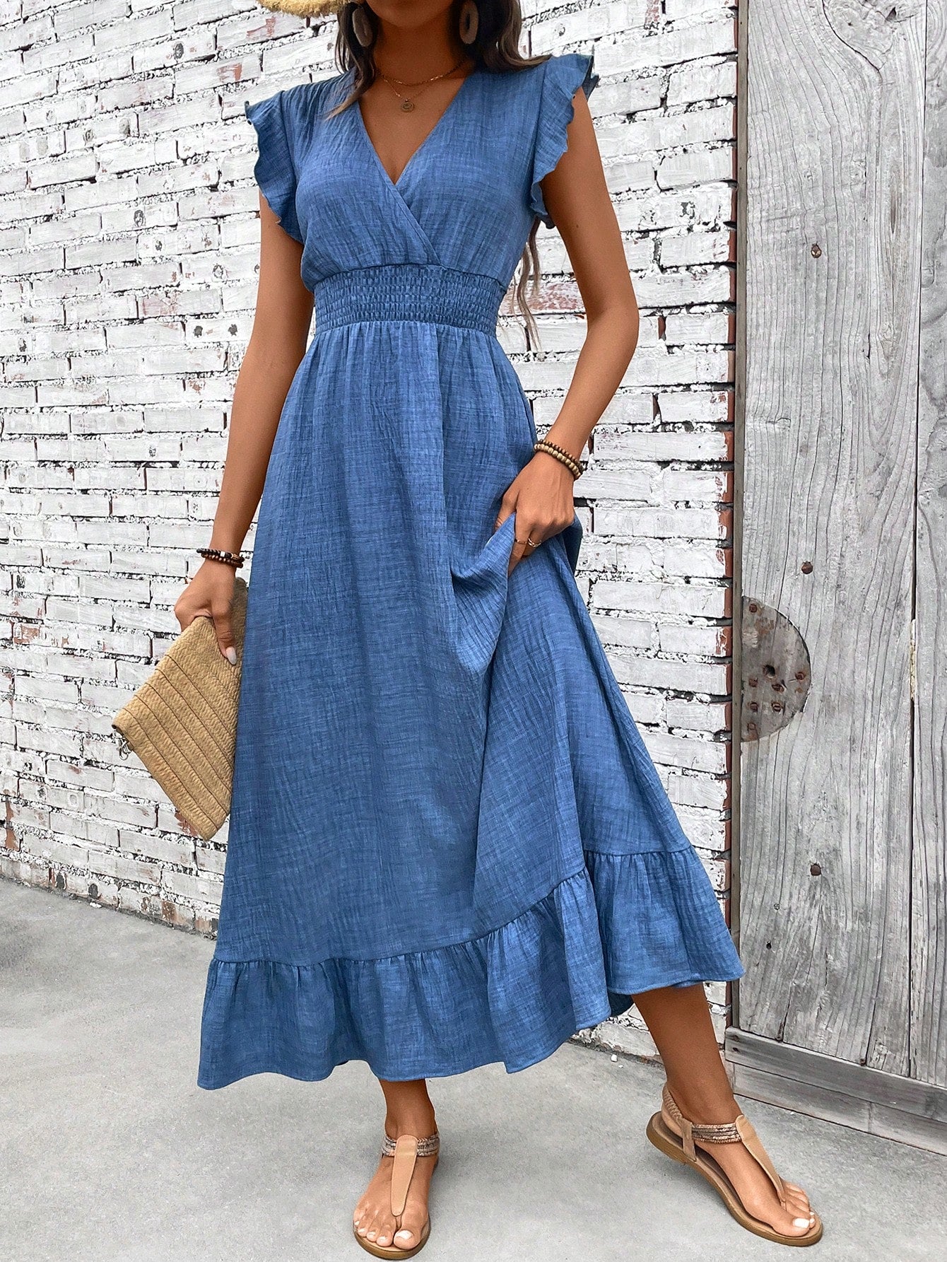 Women's Maxi Dress with V-Neck and Smocked Waist
