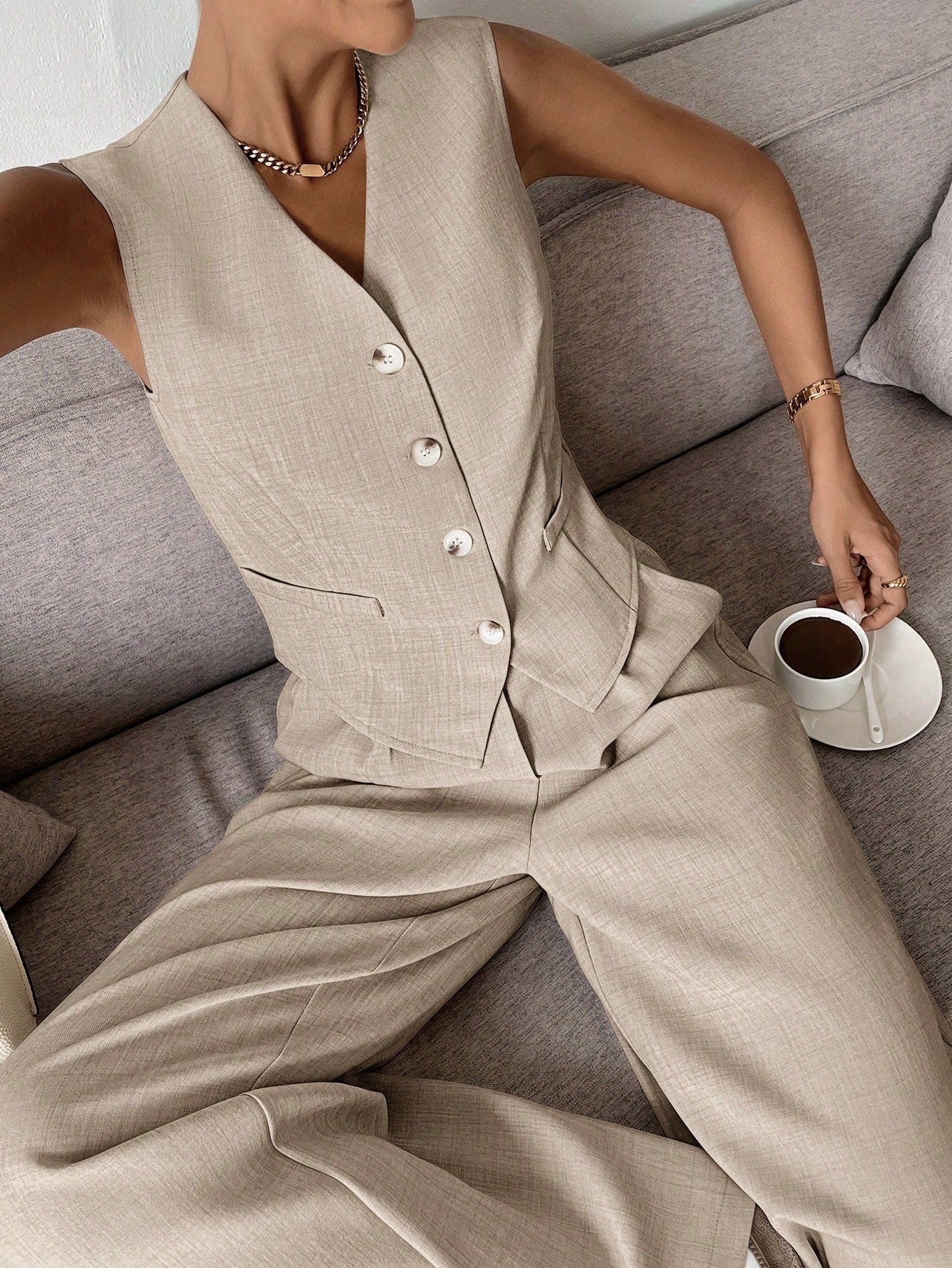 Women’s Two-Piece Set with Vest and Wide Pants | Clean Design