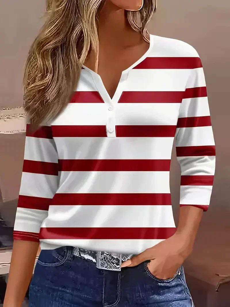 Women's Striped V-Neck Top with Short Sleeves and Lightweight Fabric