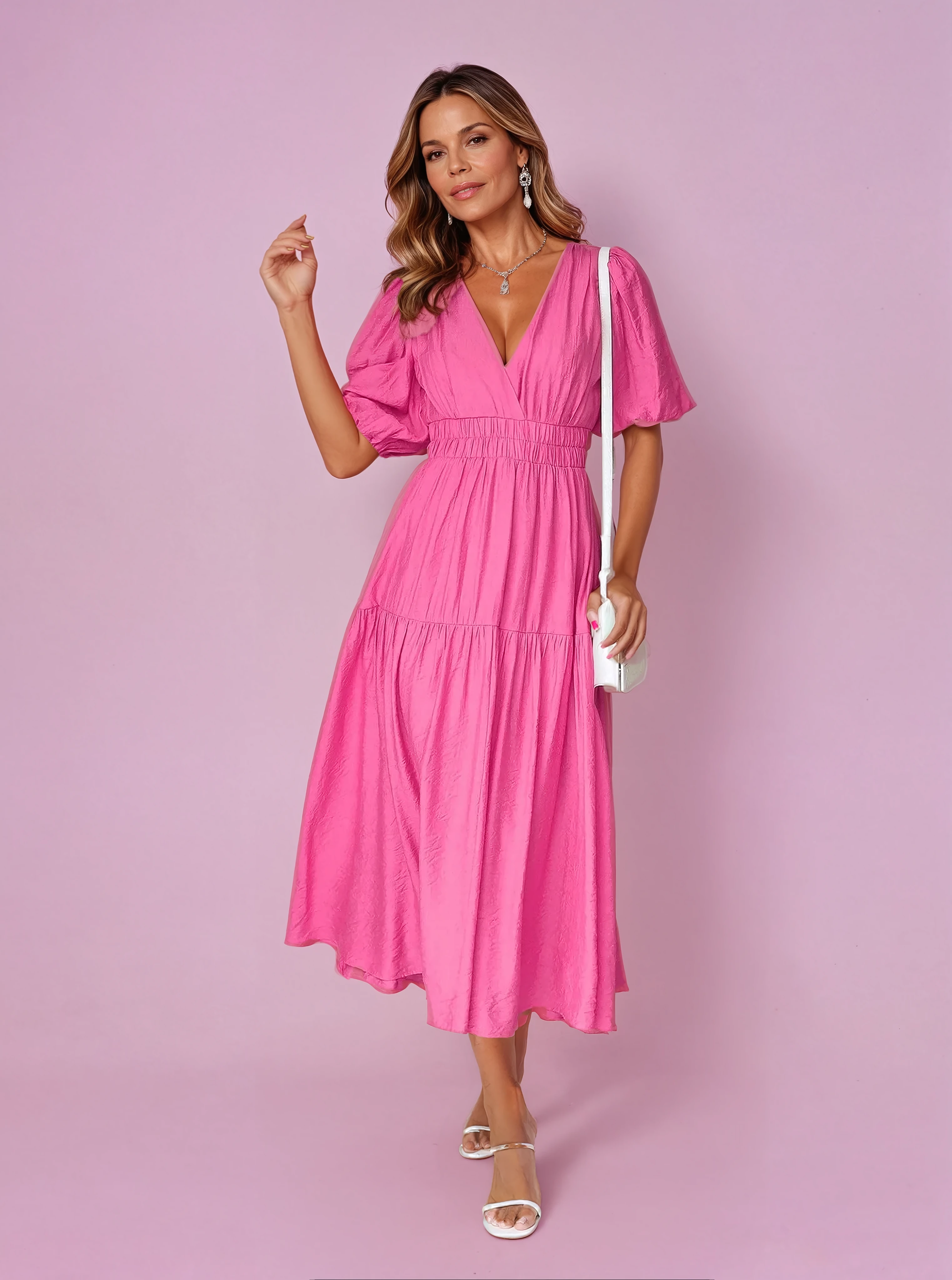 Women's V-Neck Midi Dress with Puff Sleeves and Smocked Waist