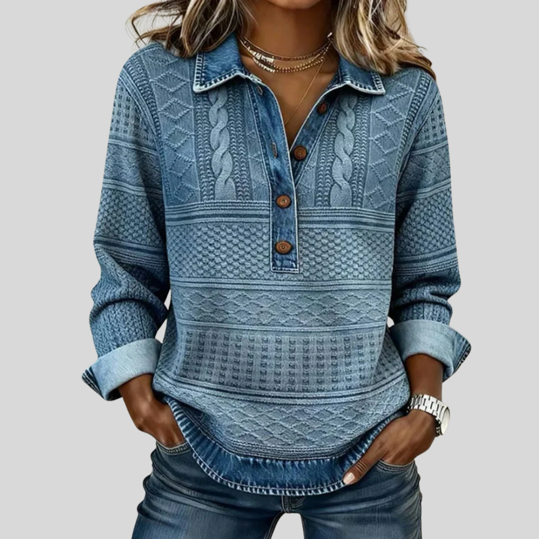 Velmora™ - Textured Knit Button-Collar Top