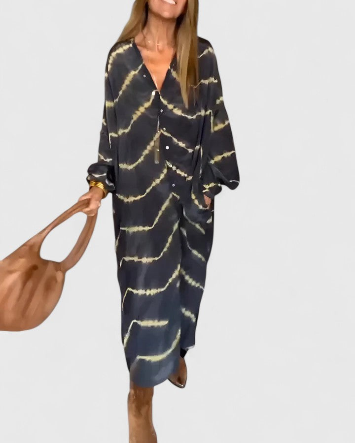 Women's Button-Down Midi Shirt Dress with Tie-Dye Print and Short Sleeves