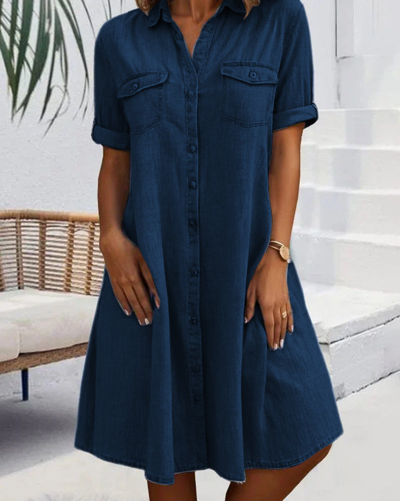 Women's Denim-Style Dress with Short Sleeves and Relaxed Fit