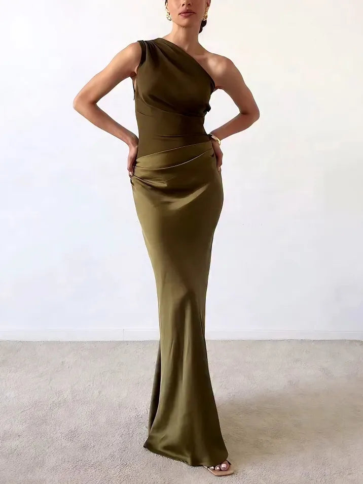 Women's One Shoulder Pleated Maxi Dress with Flowing Design and Versatile Style