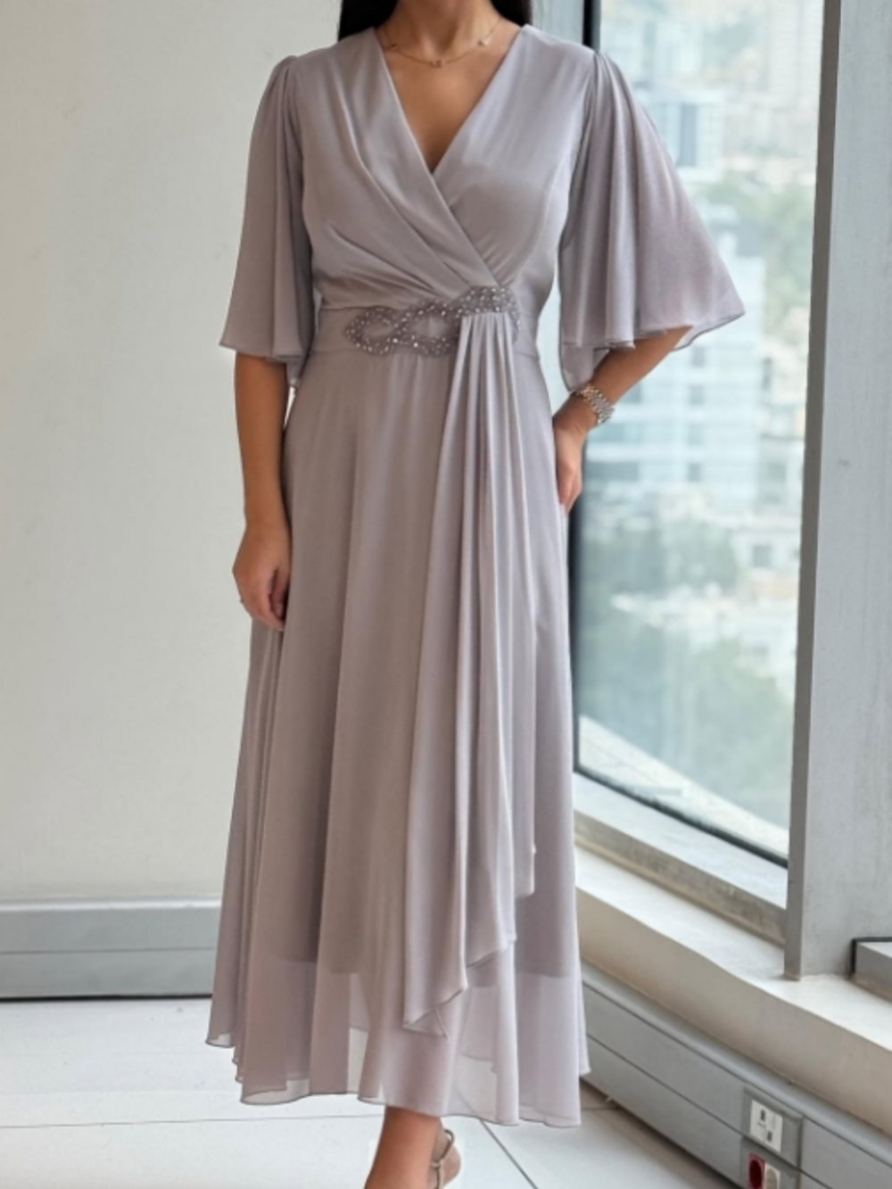 Women's V-neck Maxi Dress with Flowing Design and Adjustable Straps