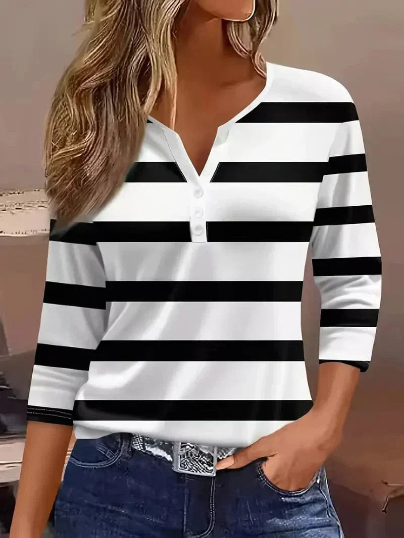 Women's Striped V-Neck Top with Short Sleeves and Lightweight Fabric