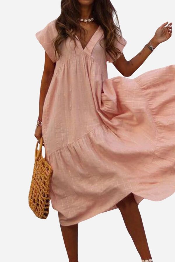 Women's V-Neck Midi Dress with Tiered Design and Flutter Sleeves