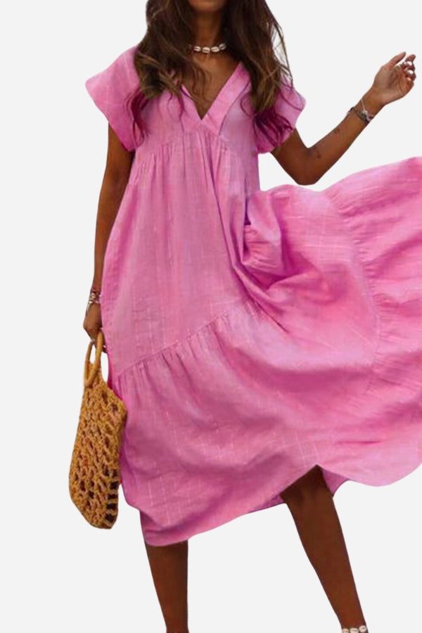 Women's V-Neck Midi Dress with Tiered Design and Flutter Sleeves