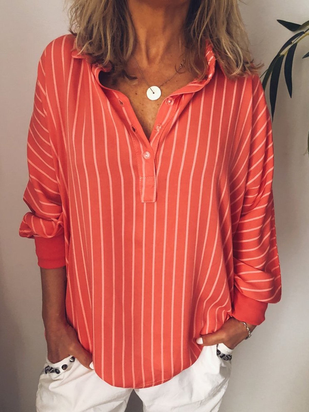 Women’s Long-Sleeve Blouse | Striped Design with Half Buttons