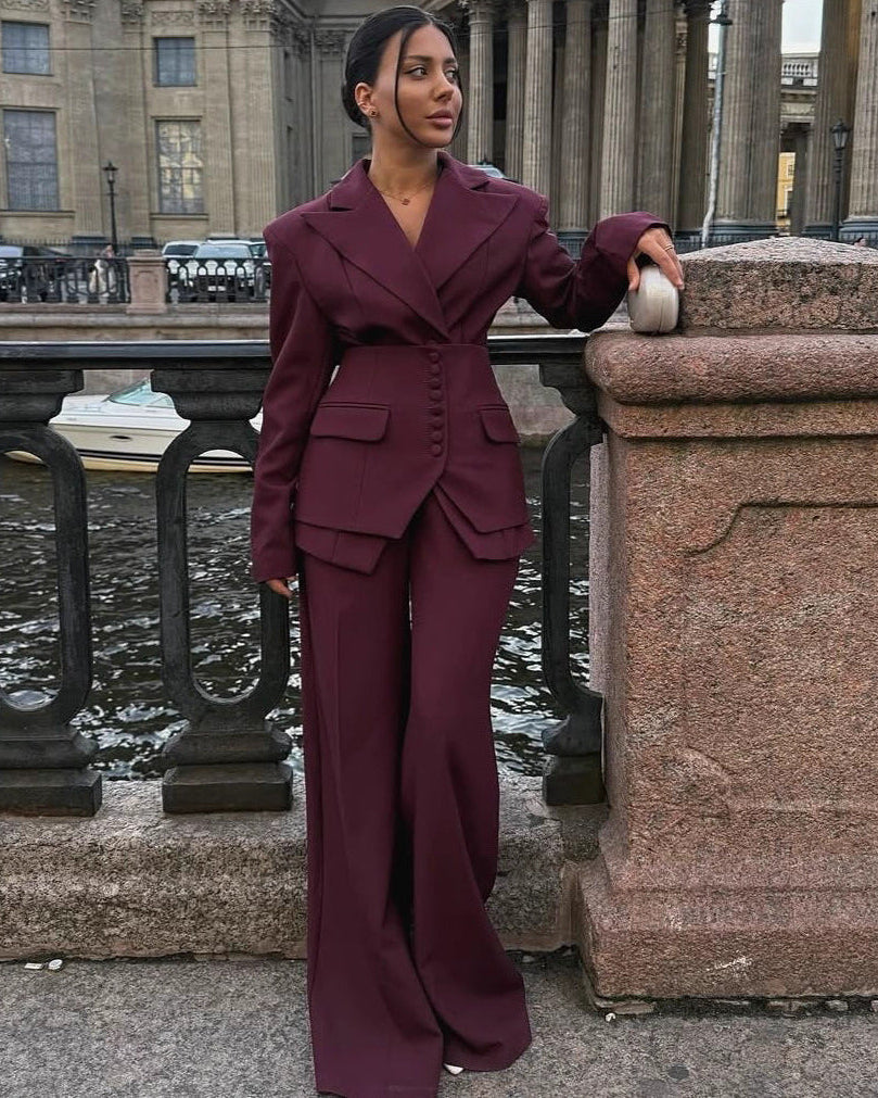 Women's Peak Lapel Multi-Button Blazer and Wide-Leg Pants Set | Two-Piece