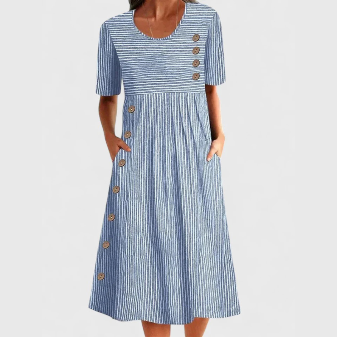 Women's Striped Midi Dress with Button Details and Classic Design