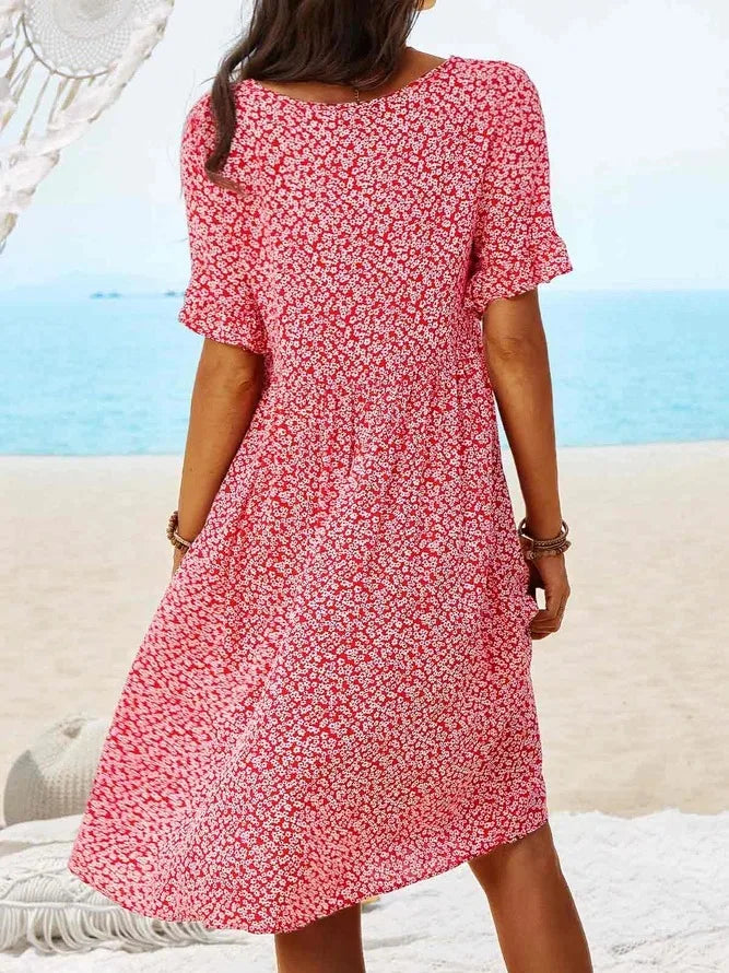 Women's Ditsy Floral Smock Dress with V-Neck and Short Sleeves