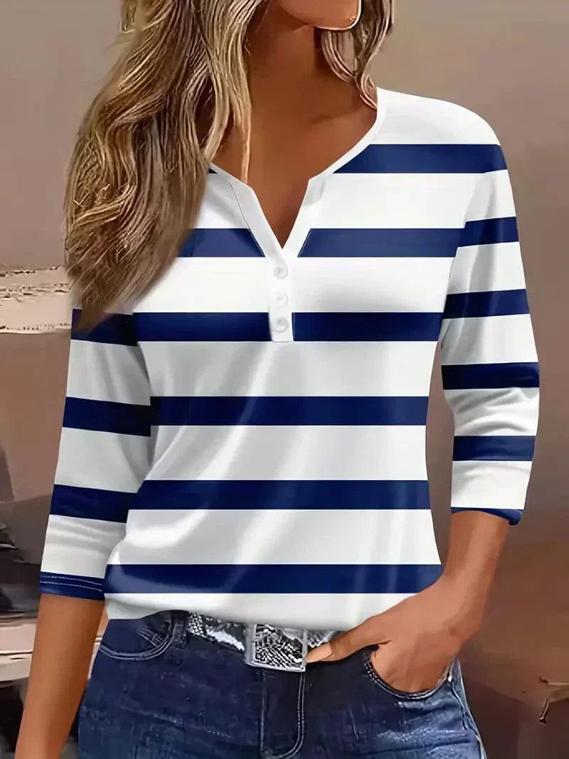 Women's Striped V-Neck Top with Short Sleeves and Lightweight Fabric