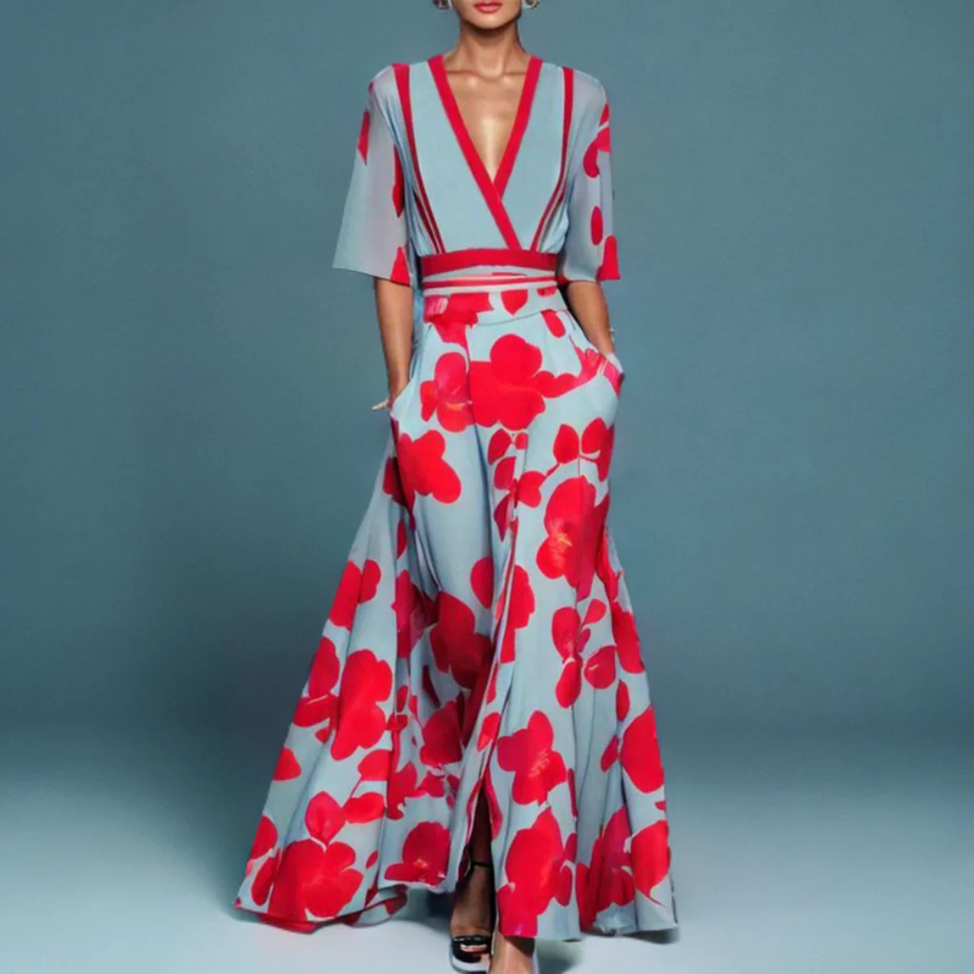 Women's Floral Wrap Dress with Adjustable Tie and Short Sleeves