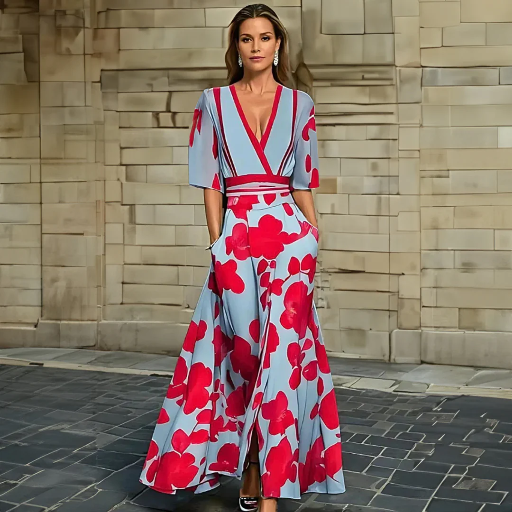Women's Floral Wrap Dress with Adjustable Tie and Short Sleeves