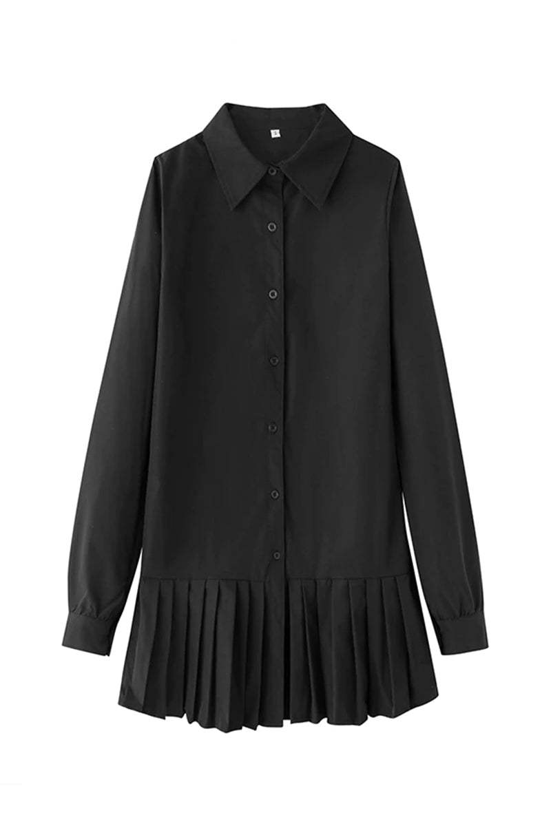 Women's Button-Down Shirt Dress with Pleated Hem and Classic Design