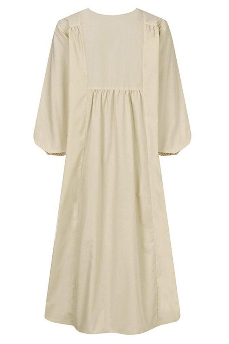 Women's V-Neck Midi Dress with Smocked Waist and Balloon Sleeves