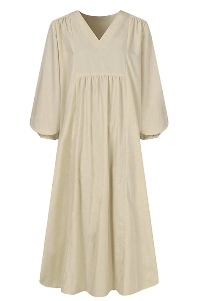 Women's V-Neck Midi Dress with Smocked Waist and Balloon Sleeves