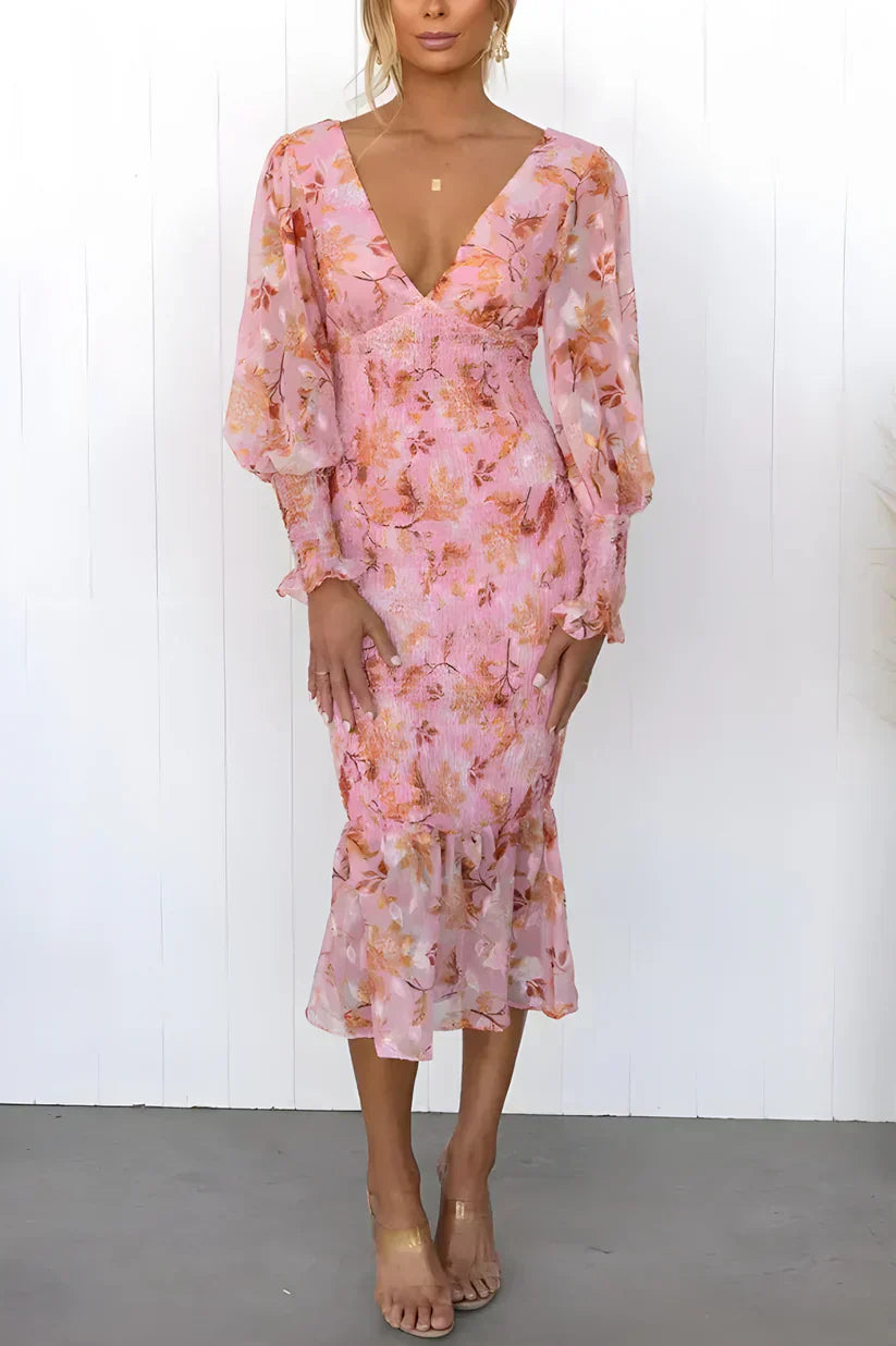 Women's Floral Dress with Short Sleeves and A-Line Skirt