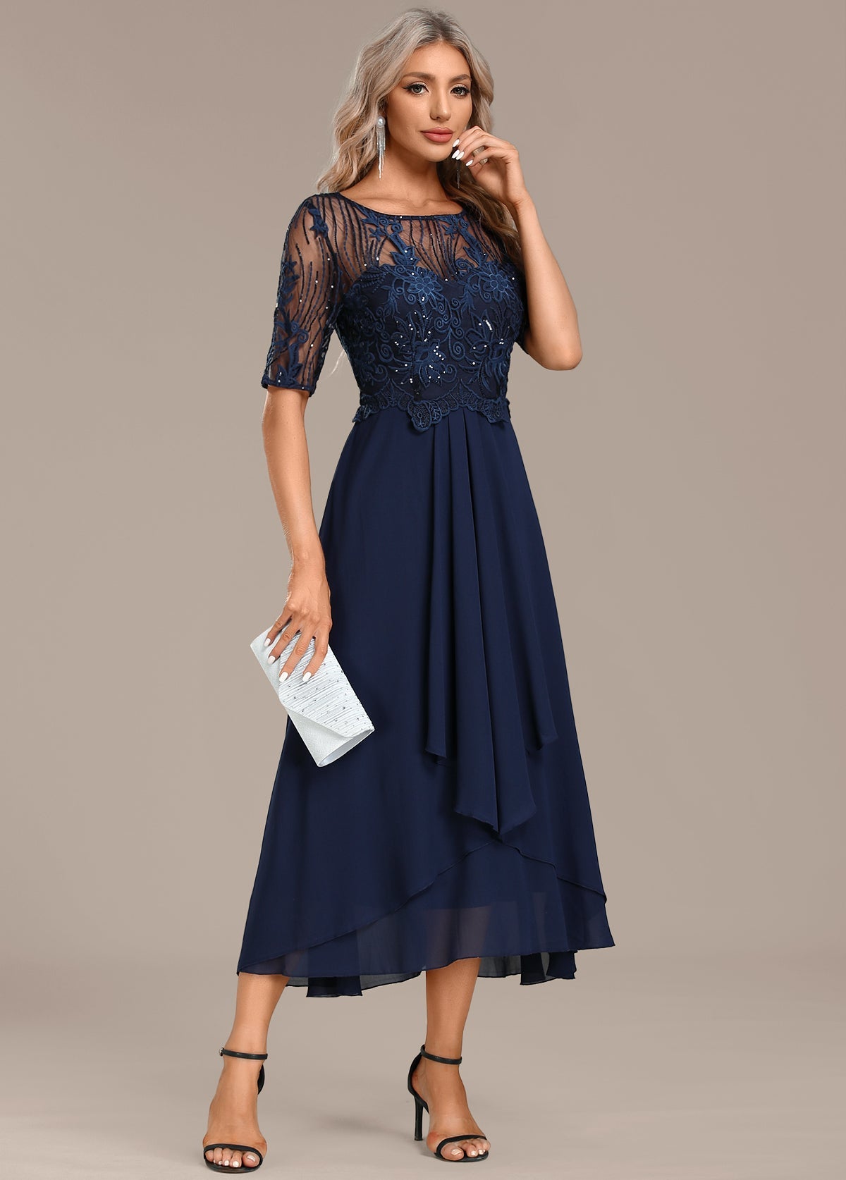 Women's Lace Short Sleeve Dress with Round Neck and Elegant Design