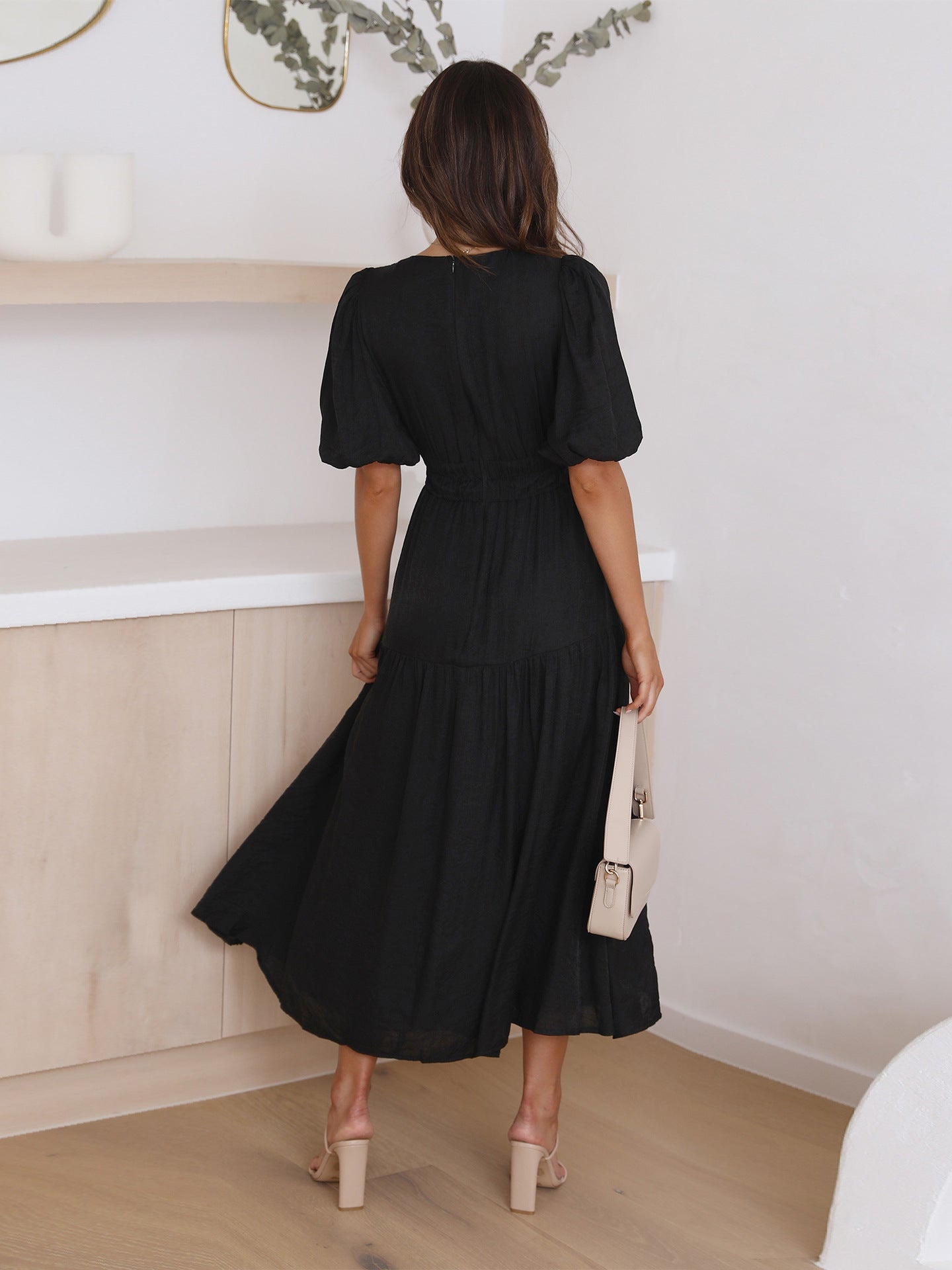Women's V-Neck Midi Dress with Puff Sleeves and Smocked Waist