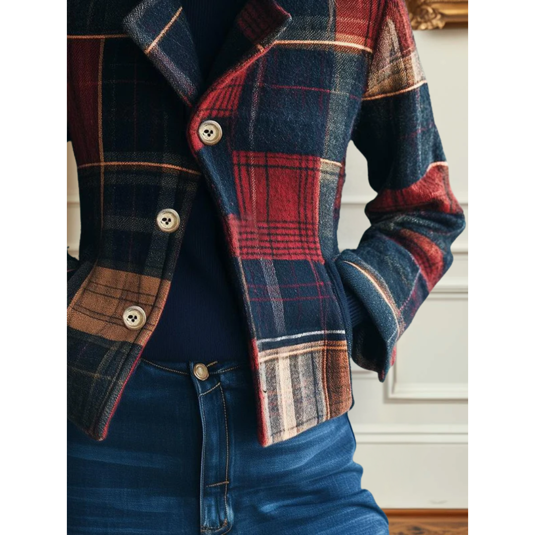 Women's Classic Plaid Jacket with Button Closure and Side Pockets