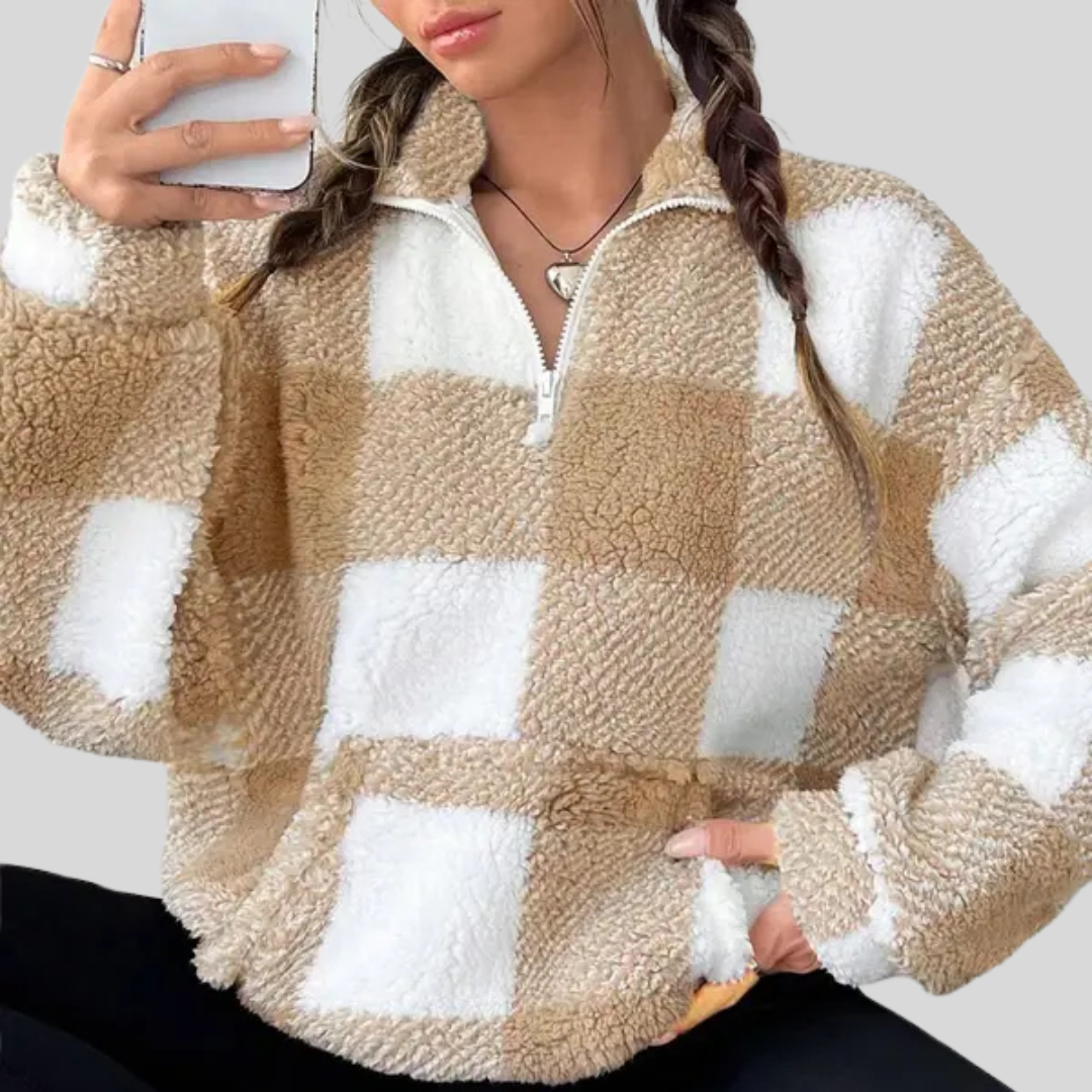 MALDA™ - Chic Plaid Print Half Zip Long Sleeve Sweater