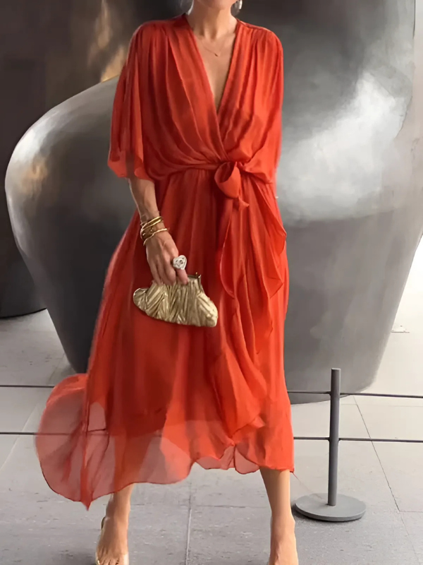 Women's Wrap Midi Dress with Adjustable Tie and Flattering Fit