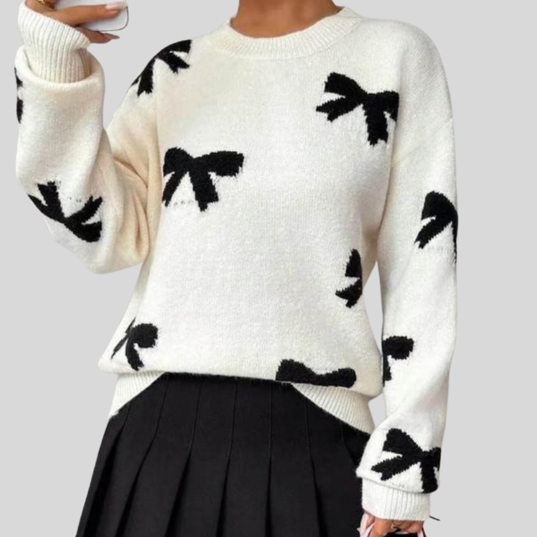 FRANCES™ - Fashionable Bow Print O-Neck Knit Winter Sweater Pullover