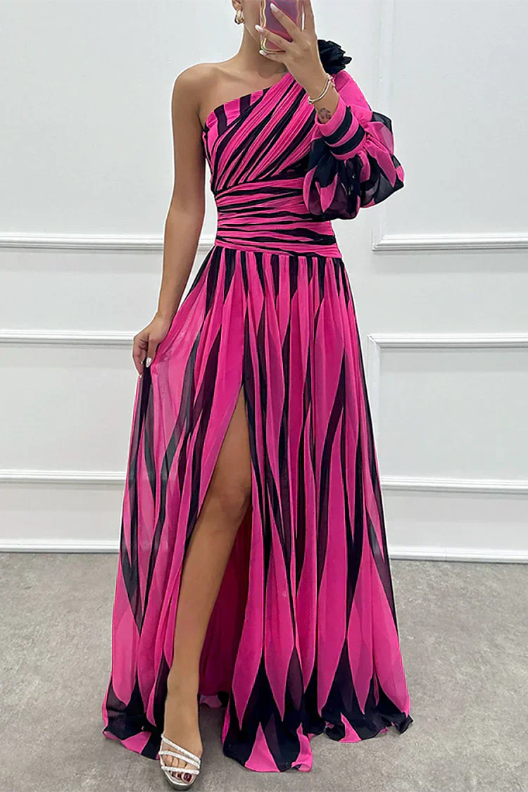 Women's Striped One Shoulder Maxi Dress with Flowing Design and Versatile Style