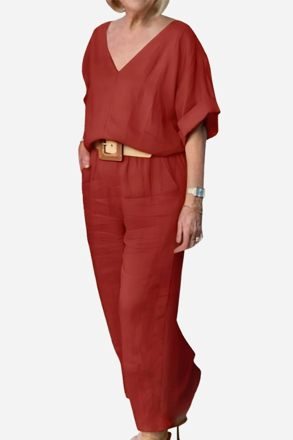 Women's V-Neck Batwing Top with Relaxed Fit and Straight-Leg Trousers