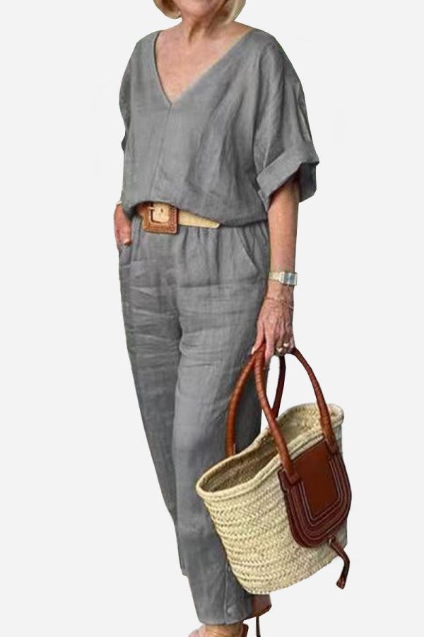 Women's V-Neck Batwing Top with Relaxed Fit and Straight-Leg Trousers