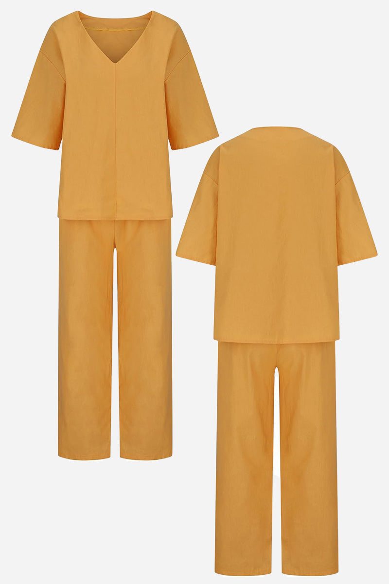 Women's V-Neck Batwing Top with Relaxed Fit and Straight-Leg Trousers