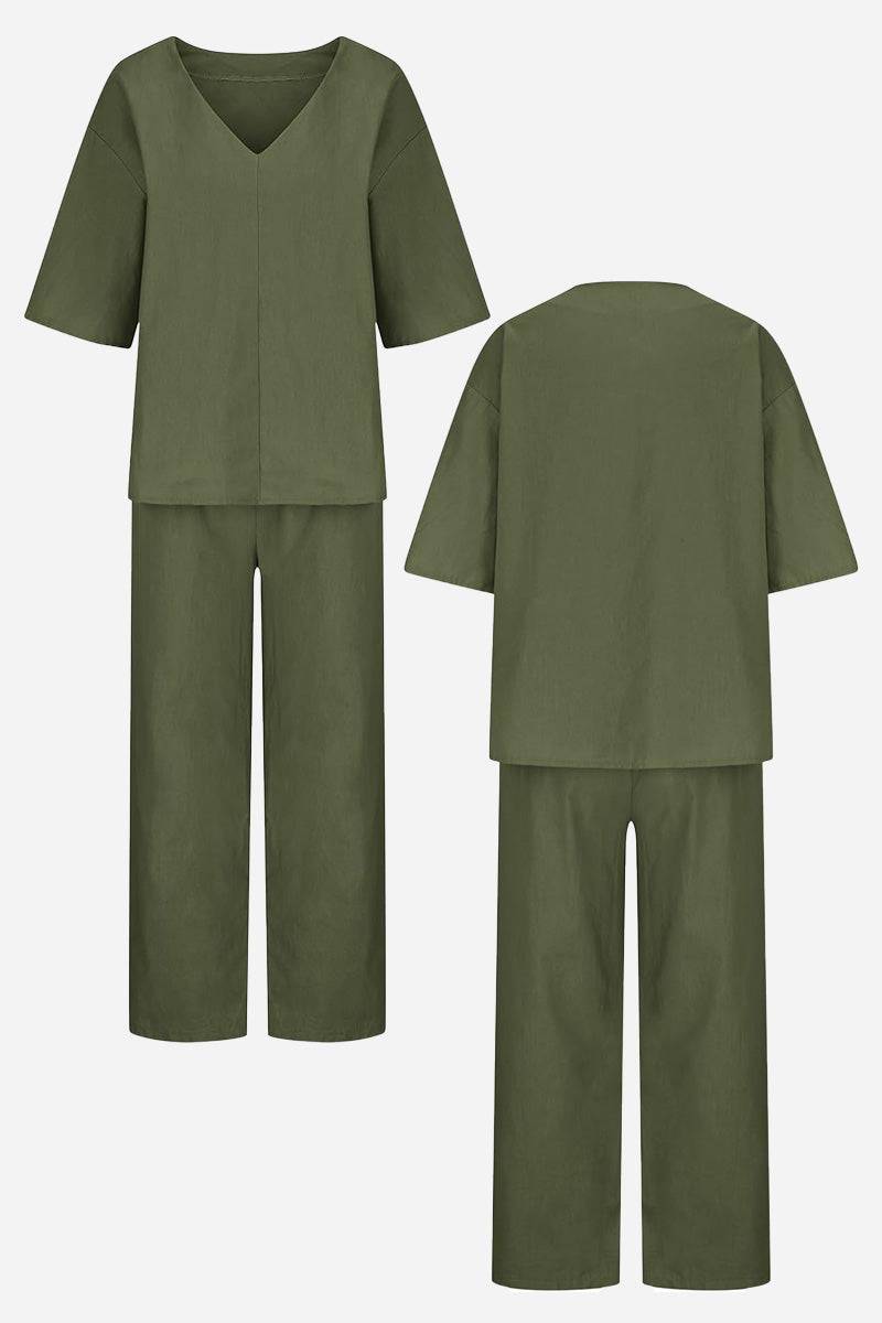 Women's V-Neck Batwing Top with Relaxed Fit and Straight-Leg Trousers