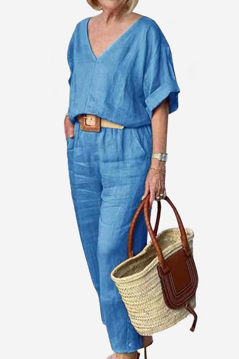 Women's V-Neck Batwing Top with Relaxed Fit and Straight-Leg Trousers