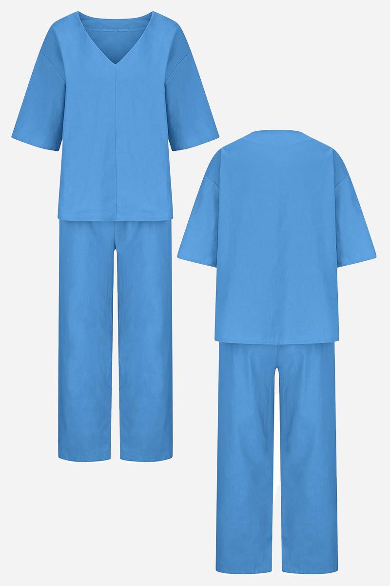 Women's V-Neck Batwing Top with Relaxed Fit and Straight-Leg Trousers