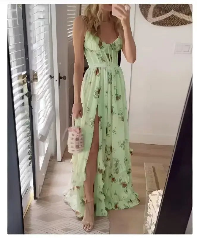 Women's Floral Dress with Short Sleeves and A-Line Skirt