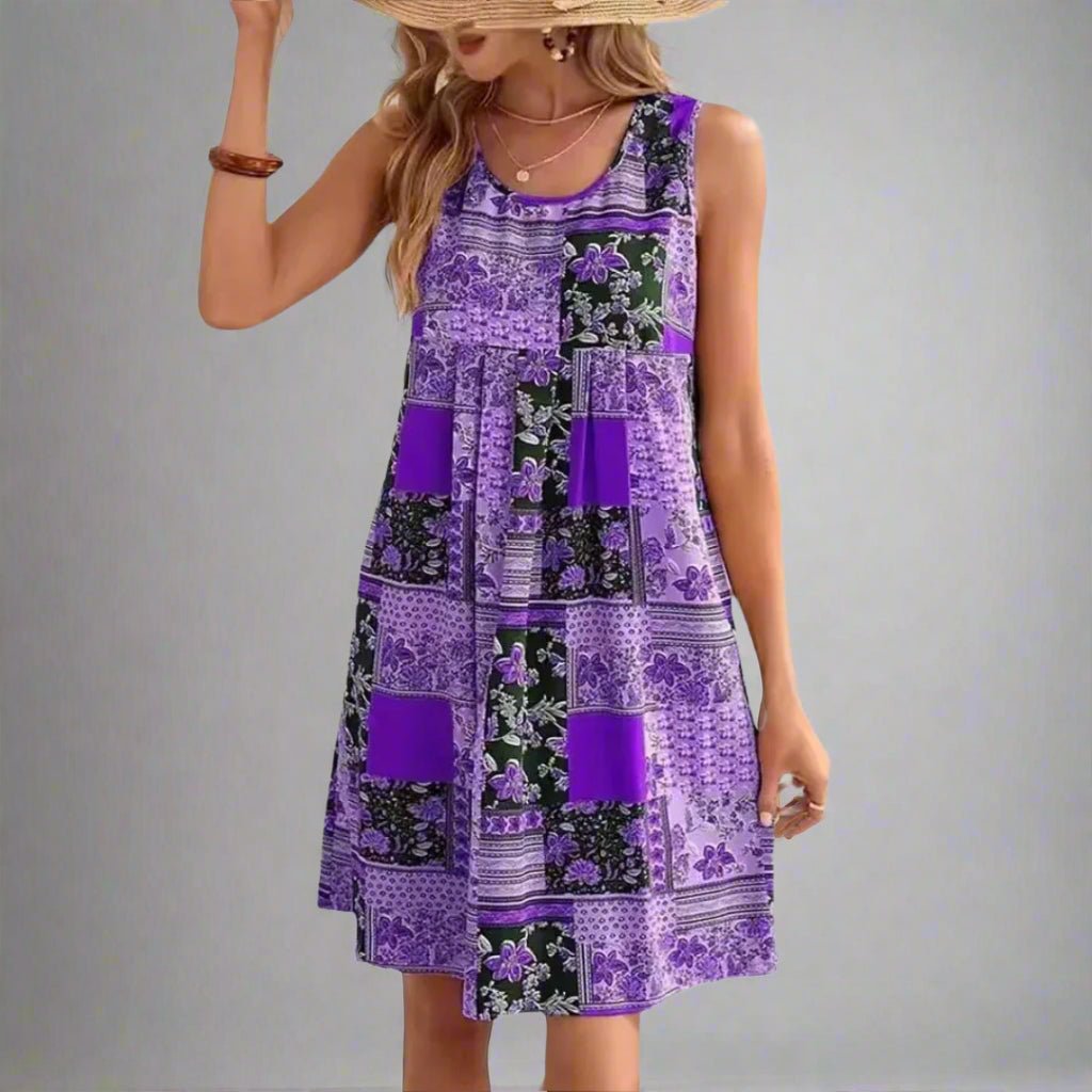 Women's Patchwork Print Mini Dress with Sleeveless Design and Casual Style