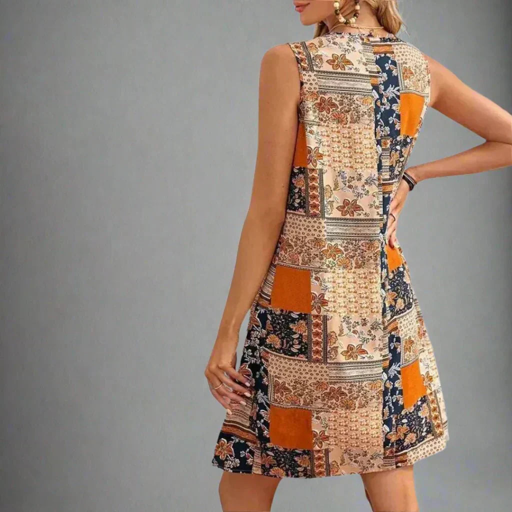 Women's Patchwork Print Mini Dress with Sleeveless Design and Casual Style