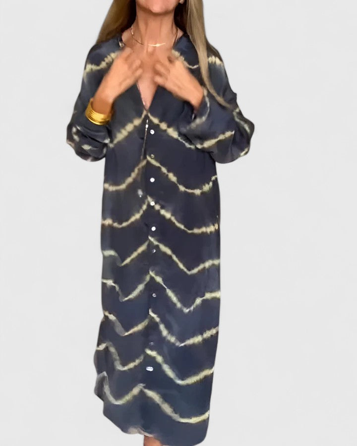 Women's Button-Down Midi Shirt Dress with Tie-Dye Print and Short Sleeves