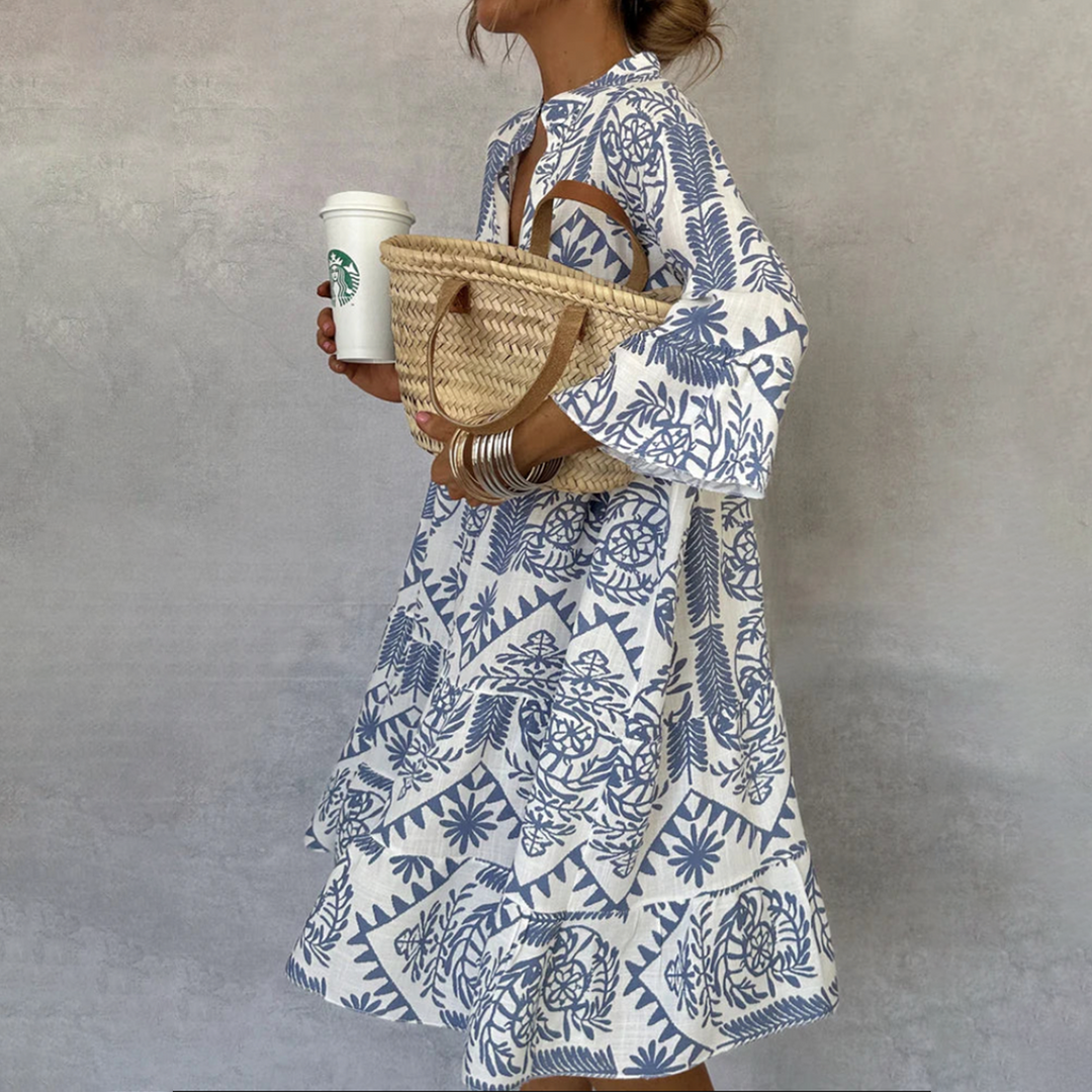 Women's Boho Print Swing Dress with V-Neck and 3/4 Sleeves