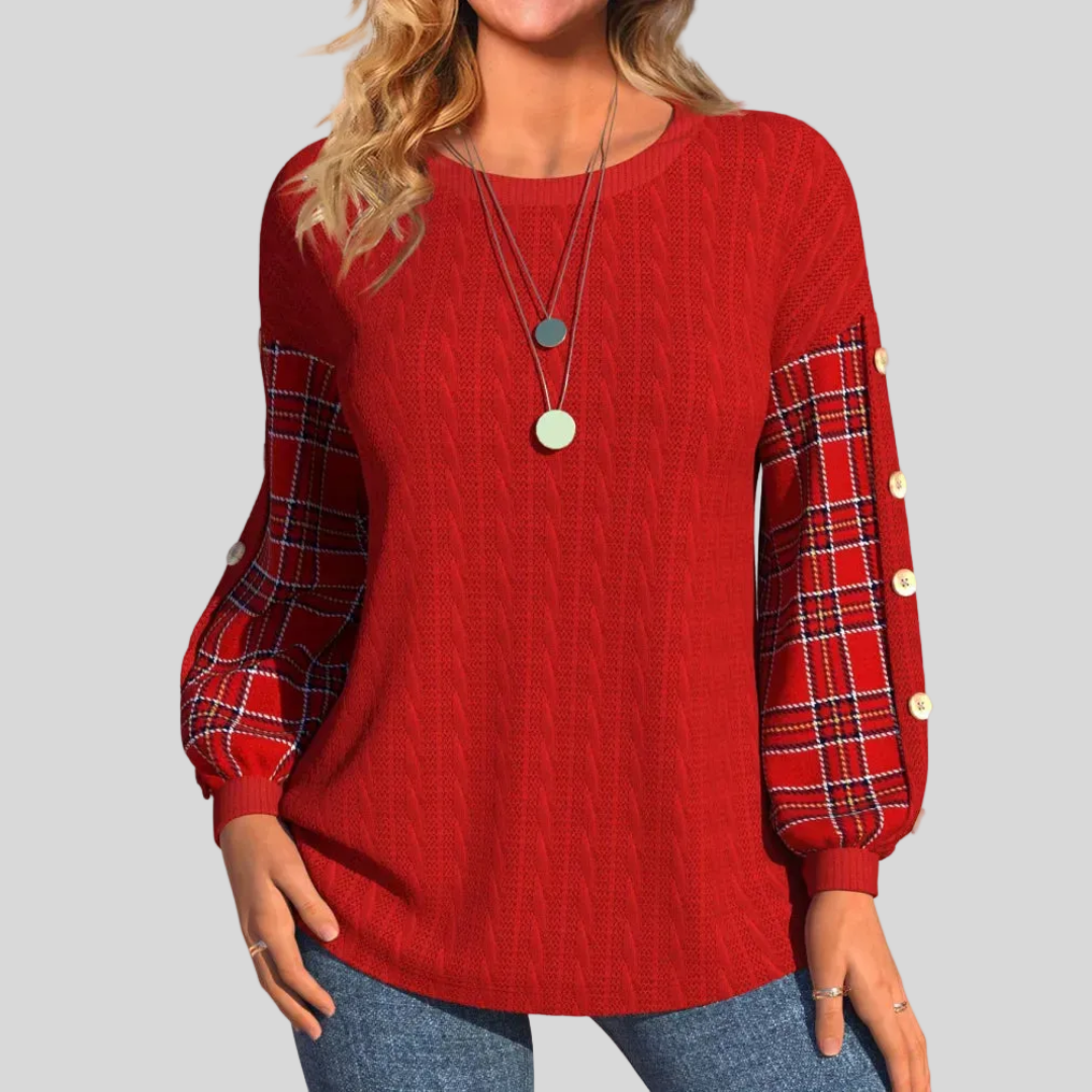 Ida | Red Knit with Checked Sleeves