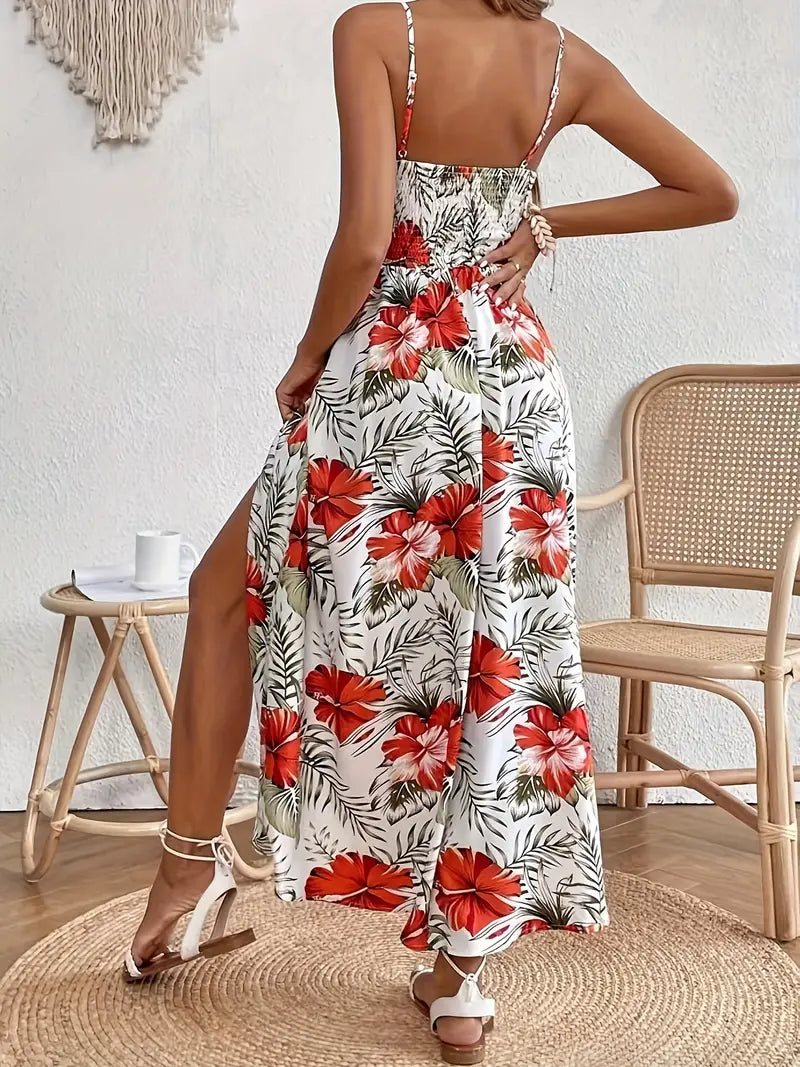 Women's Floral Midi Dress with Short Sleeves and A-Line Silhouette