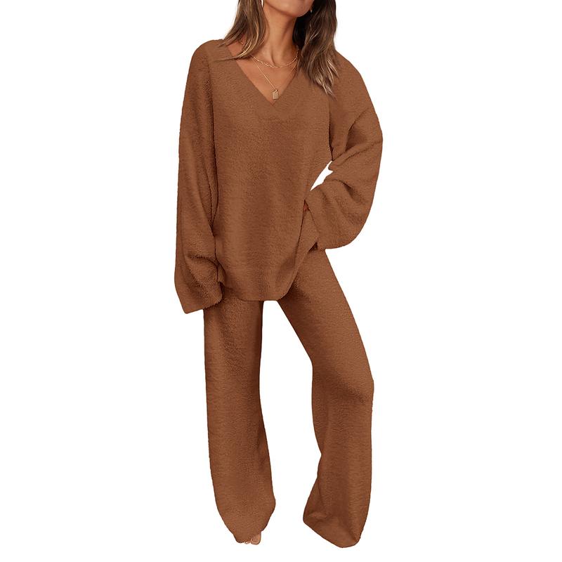 REBECCA™ - Women’s 2-Piece Lounge Set Soft Chunky V-Neck Top & Wide Leg Pants for Homewear
