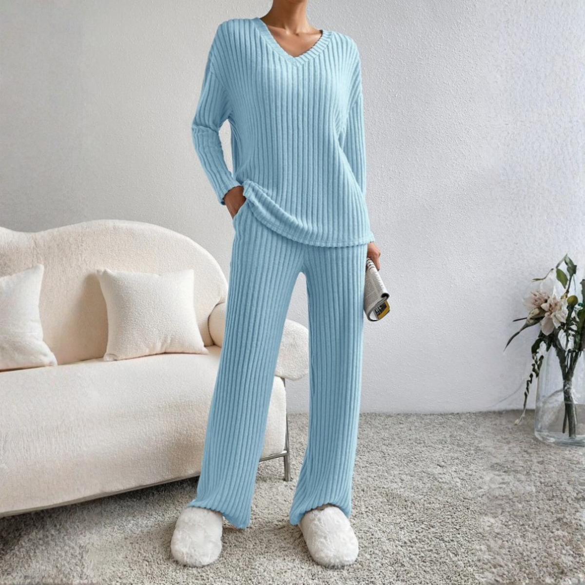 ENLINS™ - Casual Long Sleeve V-Neck Top and Pants Set