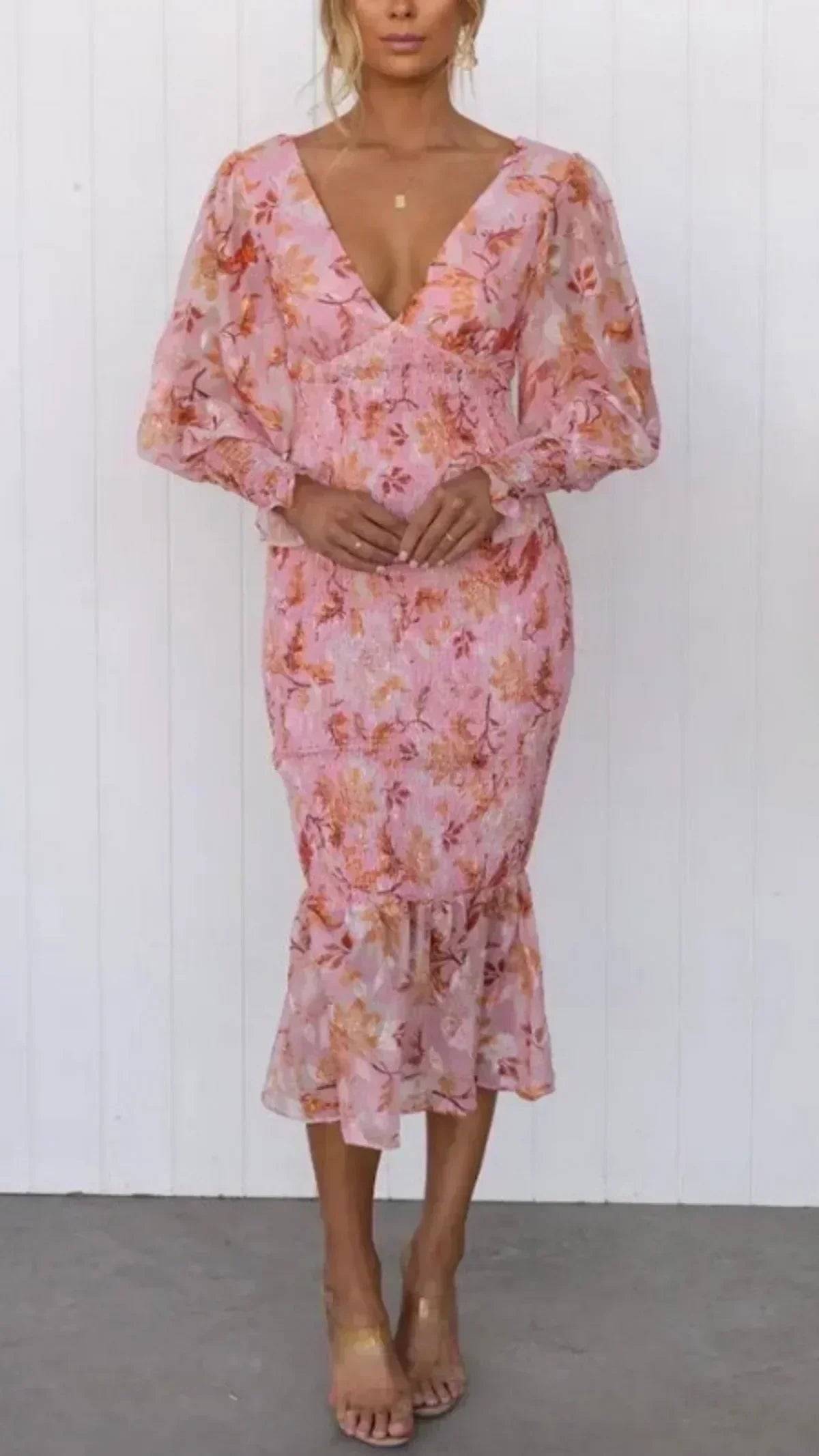 Women's Floral Dress with Short Sleeves and A-Line Skirt